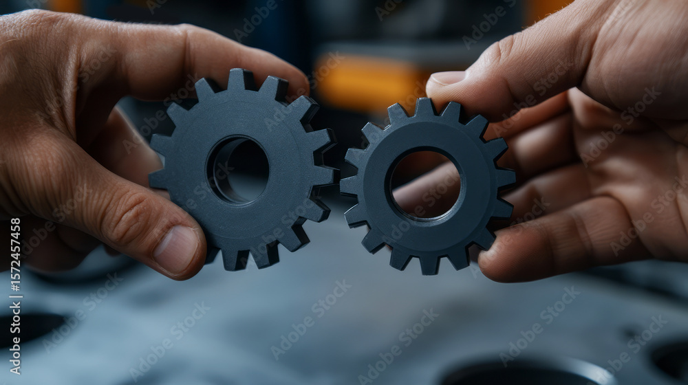 Aufkleber hands holding two interlocking gears in a mechanical workshop setting