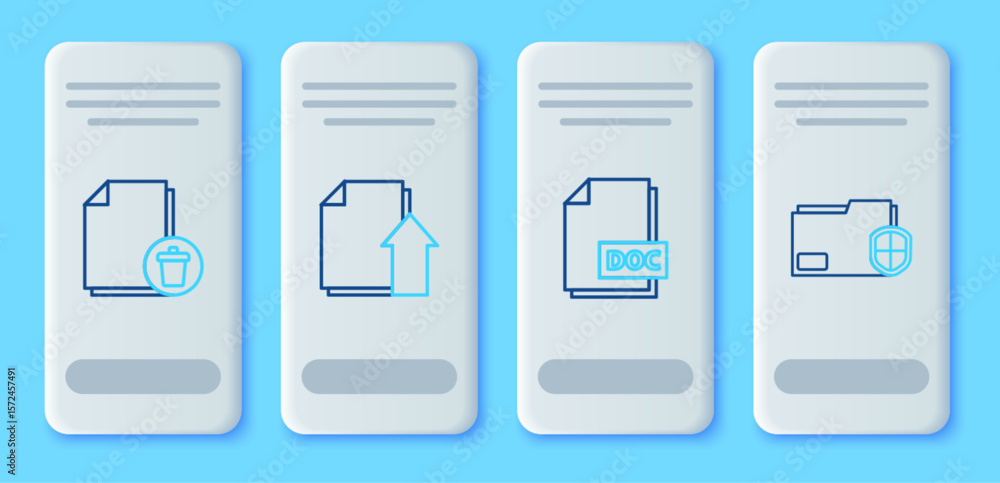 Aufkleber Set line Upload file document, DOC, Delete and Document folder protection icon. Vector