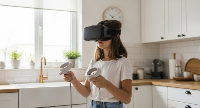 A woman immersed in virtual reality, wearing a vr headset and holding controllers in a modern kitchen