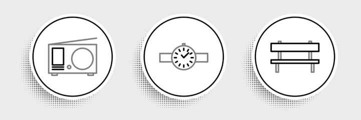 Set line Bench, Radio with antenna and Wrist watch icon. Vector