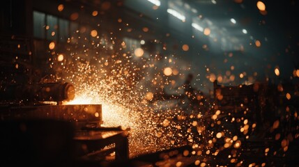 dynamic sparks illuminate the gritty industrial workshop atmosphere.