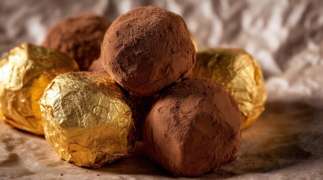 Group of six chocolate truffles arranged in a pile on a crumpled piece of parchment paper. the truffels are round and have a golden-brown color, with a shiny texture.