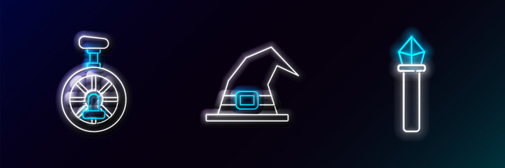 Set line Magic staff, Unicycle or one wheel bicycle and Witch hat icon. Glowing neon. Vector © Oksana
