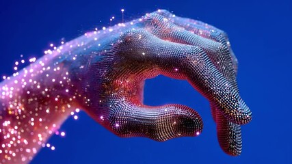 Digital Hand in Creative Light: A striking digital rendering of a hand, composed of shimmering particles, gestures elegantly against a gradient blue backdrop, emitting streams of luminous sparks. - Powered by Adobe