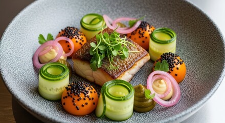An elegantly plated fish dish features a perfectly cooked fillet surrounded by colorful vegetables and artistic garnishes