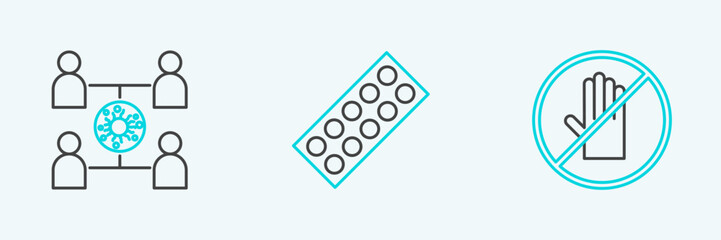 Set line No handshake, Virus spread and Pills in blister pack icon. Vector