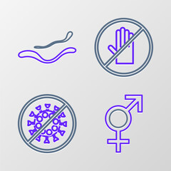 Set line Gender, Stop virus, No handshake and Ebola disease icon. Vector