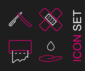 Set line Washing hands with soap, Paper towel dispenser on wall, Crossed bandage plaster and Straight razor icon. Vector