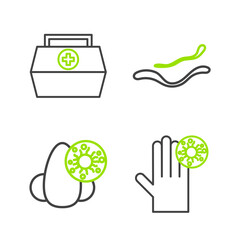 Set line Hand with virus, Runny nose, Ebola disease and First aid kit icon. Vector