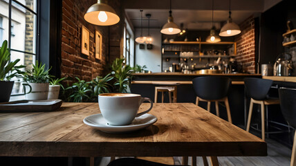 Latte on Wooden Table: A serene cafe scene featuring a creamy latte on a wooden table, bathed in the soft glow of pendant lights, inviting you to savor the moment and embrace the cafe lifestyle.