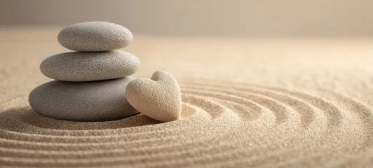 Fototapeten The stack of stones and heart create a tranquil zen atmosphere in the sand. © Gura