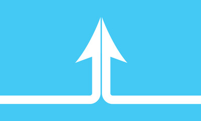 Two white half arrows coming together and merging, forming a single arrow on a background.
