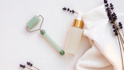 The secret to youthful skin with products. Jade roller improves circulation, while serum nourishes. Natural beauty and calm to your ritual.