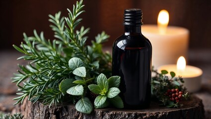 A dark glass oil bottle sits on a wooden log slice, surrounded by fresh herbs like rosemary and mint. In the background, two lit candles create a warm and inviting atmosphere.