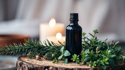 A dark glass oil bottle sits on a wooden log slice, surrounded by fresh herbs like rosemary and mint. In the background, two lit candles create a warm and inviting atmosphere.