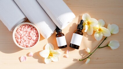 Luxurious Spa Set: On a light wooden table, two rolled white towels, a bowl of pink salt, two essential oil bottles, and several white flowers are arranged.