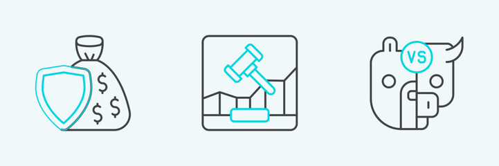 Set line Bull and bear of stock market, Shield money bag and Online internet auction icon. Vector