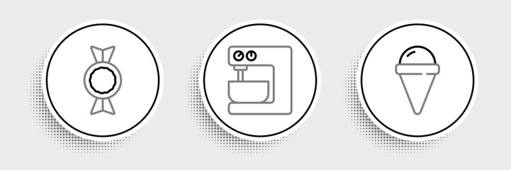 Set line Ice cream in waffle cone, Candy and Electric mixer icon. Vector