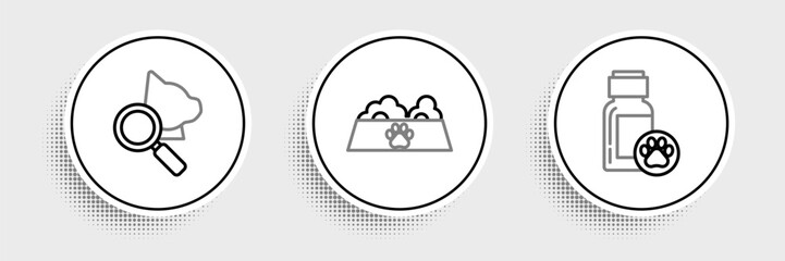 Set line Dog medicine bottle, Veterinary clinic symbol and Pet food bowl for cat or dog icon. Vector