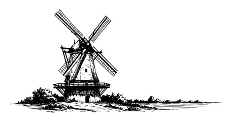 traditional dutch windmill rural landscape drawing