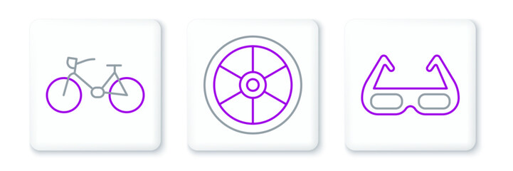 Set line Sport cycling sunglasses, Bicycle and wheel icon. Vector