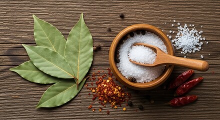 A rustic arrangement of spices, salt, bay leaves, and chili peppers on a wooden table