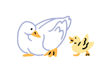 Happy duck family walks together. Mother poultry and duckling. Goose and gosling strolls. Fowl and baby bird of ranch, farm animals, livestock. Flat isolated vector illustration on white background