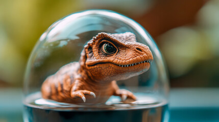 Realistic Dinosaur Toy Inside Glass Dome with Glowing Background and Intriguing Focus