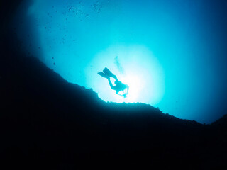 low angle view of an underwater photographer diving, concept of scuba diving and underwater...
