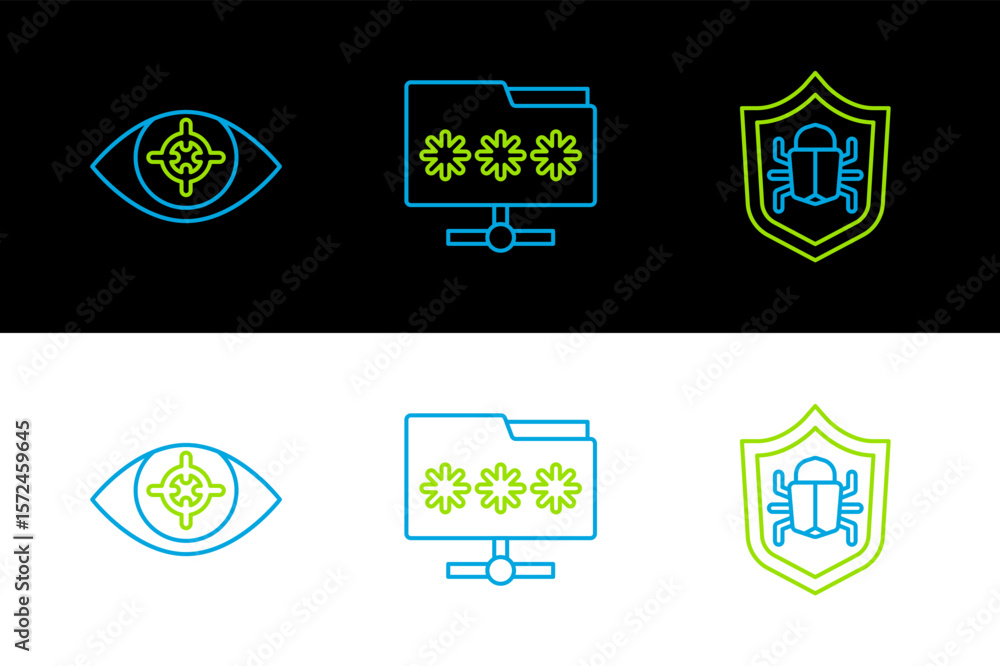 Aufkleber set line system bug, eye scan and folder with password icon. vector