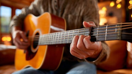 Fototapeta premium Close-up of a person playing an acoustic guitar, musical performance and relaxation, cozy home atmosphere, learning and practicing music, and creative expression and hobby.