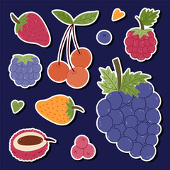 Lovely cartoon sticker set with summery and autumn fruit and berries for planners, notebooks, scrapbook. Ready for print list of vivid stickers with healthy yummy food. Grape, strawberry, cherry.
