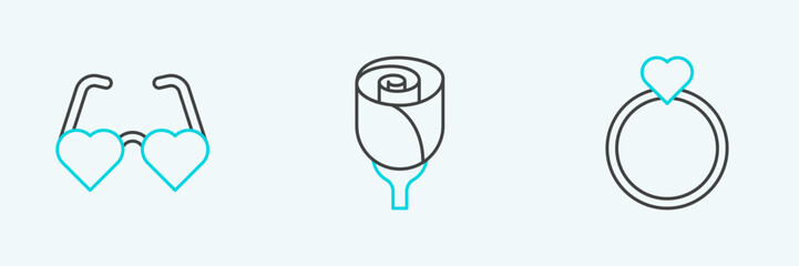 Set line Wedding rings, Heart shaped love glasses and Flower rose icon. Vector