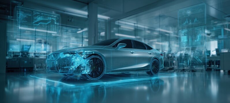 The futuristic car showcased with holographic technology and innovative design elements.