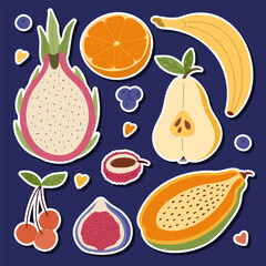 Lovely cartoon sticker list with exotic fruits and berries for planners, notebooks, diary. Ready for print layout of cute stickers with tropical and farming food. Dragon fruit, papaya, fig, orange