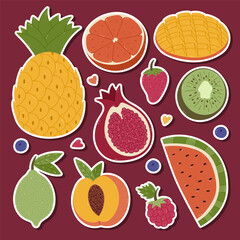 Lovely cartoon sticker list with juicy healthful fruits and berries for planners, notebooks, scrapbook. Ready for print layout of stickers with pineapple, mango, grapefruit, lime, kiwi, peach.