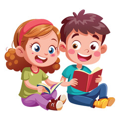 Cartoon illustration of smiling children reading a book