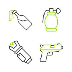 Set line Pistol or gun, Police electric shocker, Hand grenade and Cocktail molotov icon. Vector