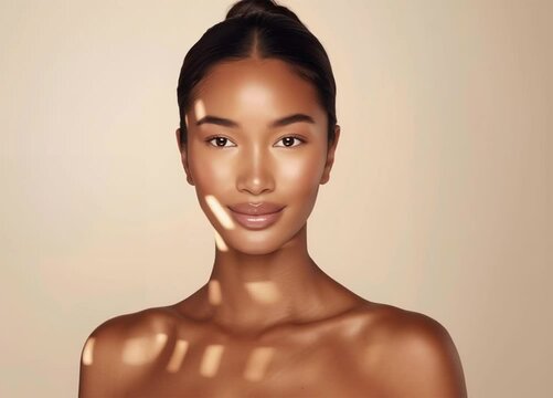 Minimalist beauty video of a woman with open eyes, hair neatly pulled back, bare shoulders, hand softly touching her collarbone, warm soft lighting, neutral background, serene and subtle facial expres