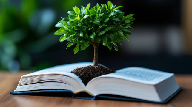 Green Tree Growing from Open Book Symbolizing Knowledge and Nature Harmony