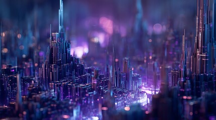 Futuristic city skyline digital art purple and blue abstract cityscape wallpaper background design