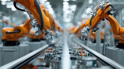 Fototapeta na wymiar Hightech robotic arms meticulously assembling parts on an automated assembly line illustrating the transformation of vehicle manufacturing through AI and robotics for superior efficiency