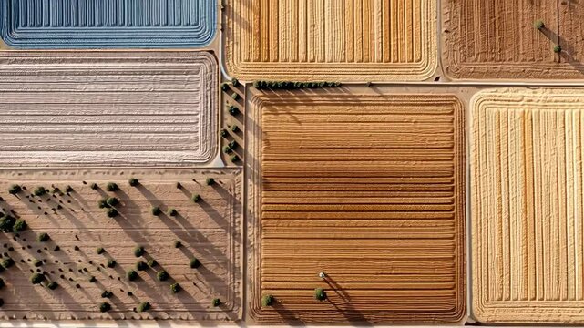 Aerial view of agricultural fields showcasing a patchwork of various soil textures and colors, highlighting the diversity of farming practices and land management techniques