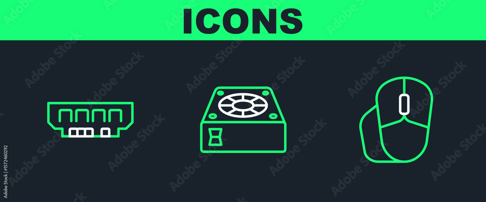 Poster set line computer mouse, ram, random access memory and cooler icon. vector