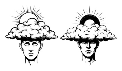 head in clouds sun and moon surreal concept sketch vector