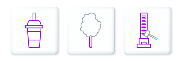Set line High striker attraction with big hammer, Paper glass drinking straw and water and Cotton candy icon. Vector