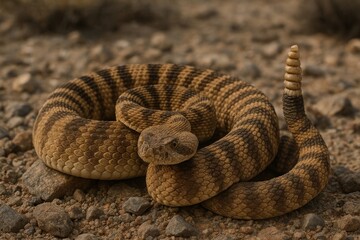 Coiled rattlesnake on rocky terrain.