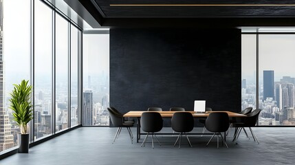 Modern Office Conference Room City View Dark Wood Table Black Chairs