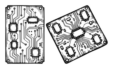 microchip circuit board pair hand drawn vector illustration