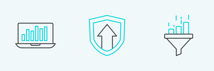 Set line Sales funnel with chart, Laptop graph and Financial growth icon. Vector